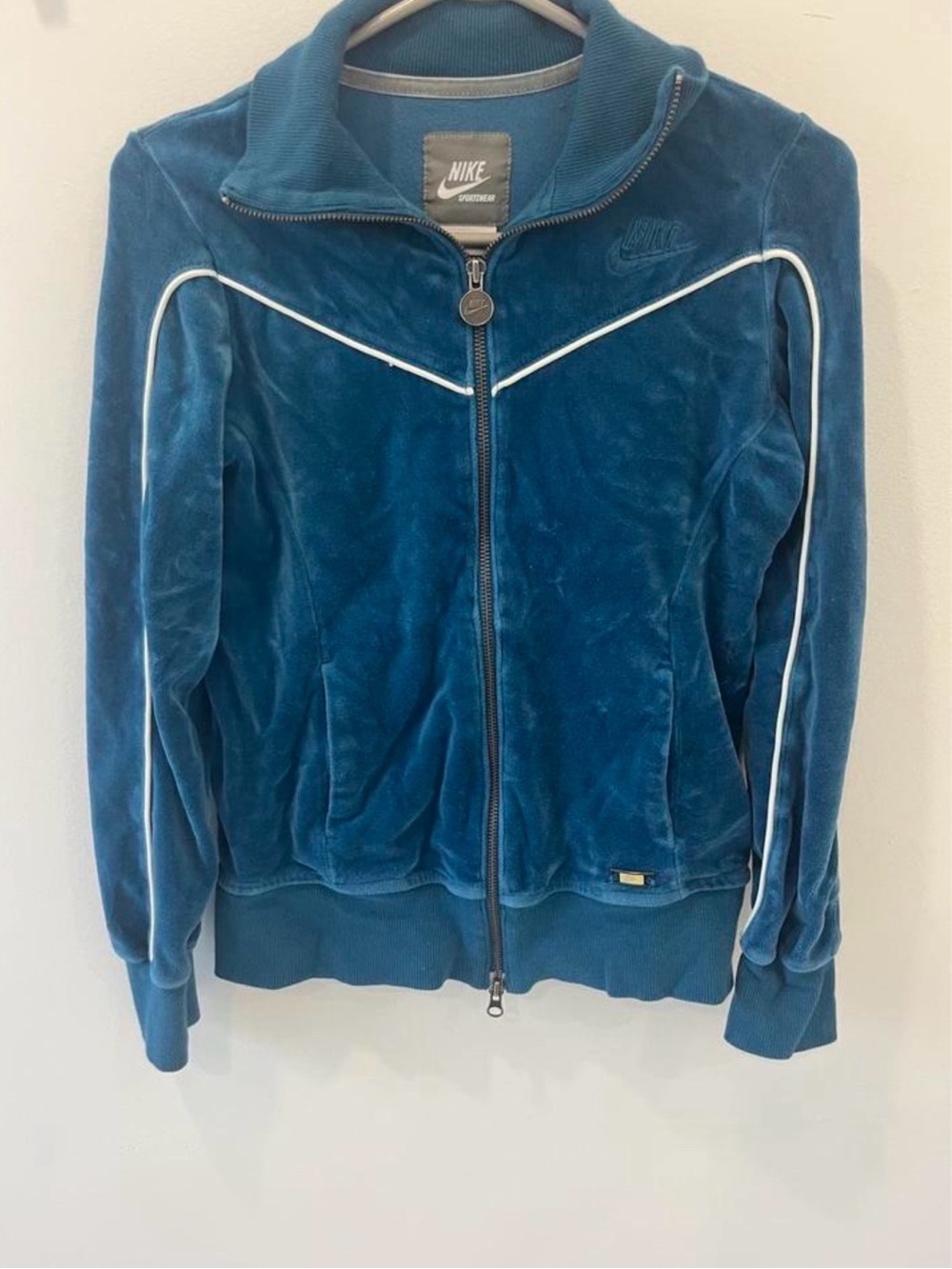 Vintage Nike Women’s Teal Velvet Track Jacket with White Piping